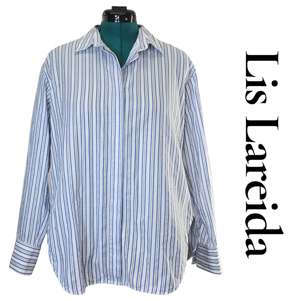 LIS LAREIDA Designer Blue White Stripe Metallic Button Down Shirt Size 38 / M‎